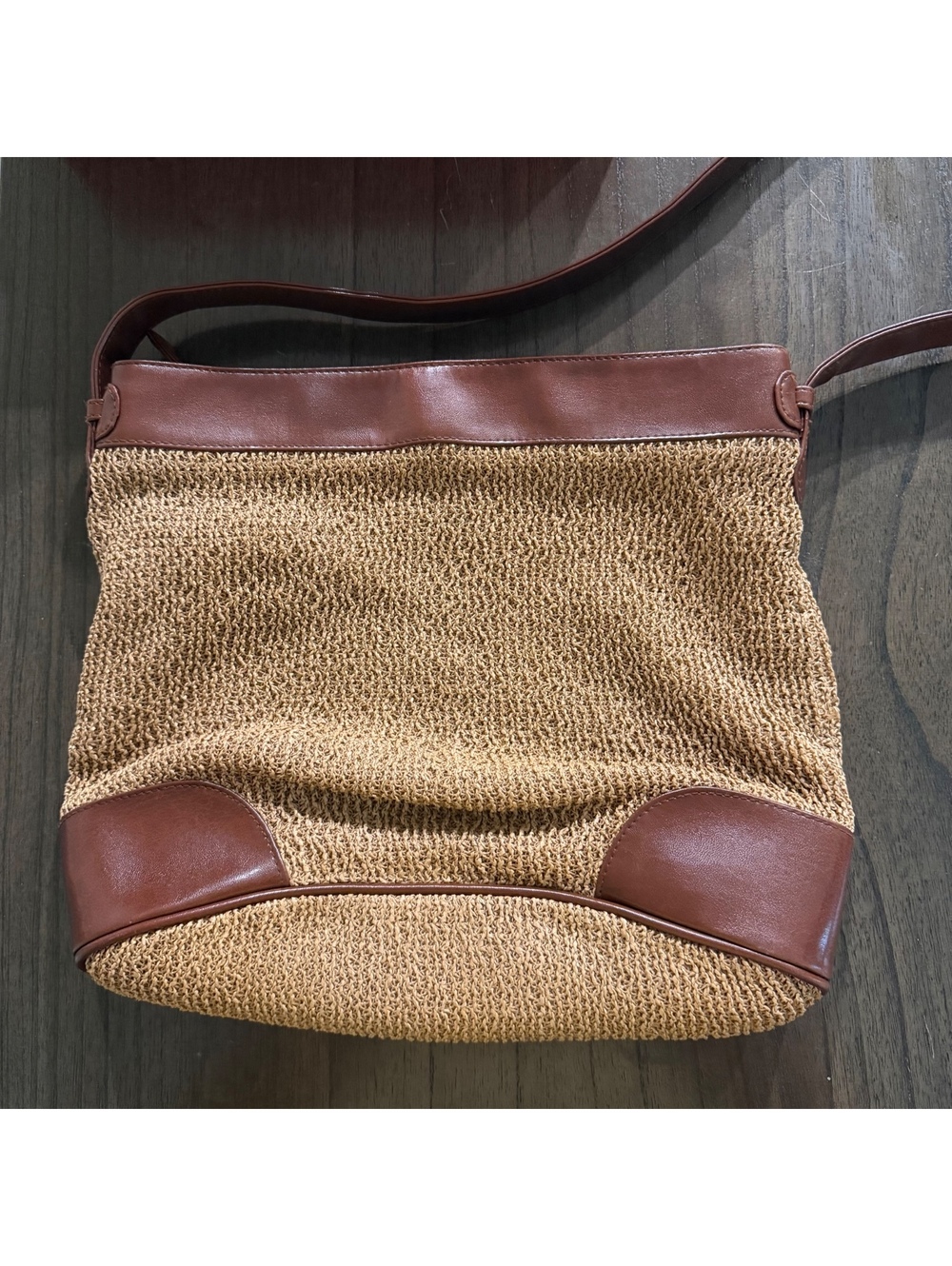 Evan Picone Woven Shoulder Bag Brown Faux Leather Trim Summer Beach Tote Purse - Picture 2 of 8